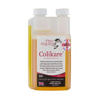 A 500ml transparent plastic bottle of pro-equine colikare fast-acting liquid supplement with yellow liquid and white caps