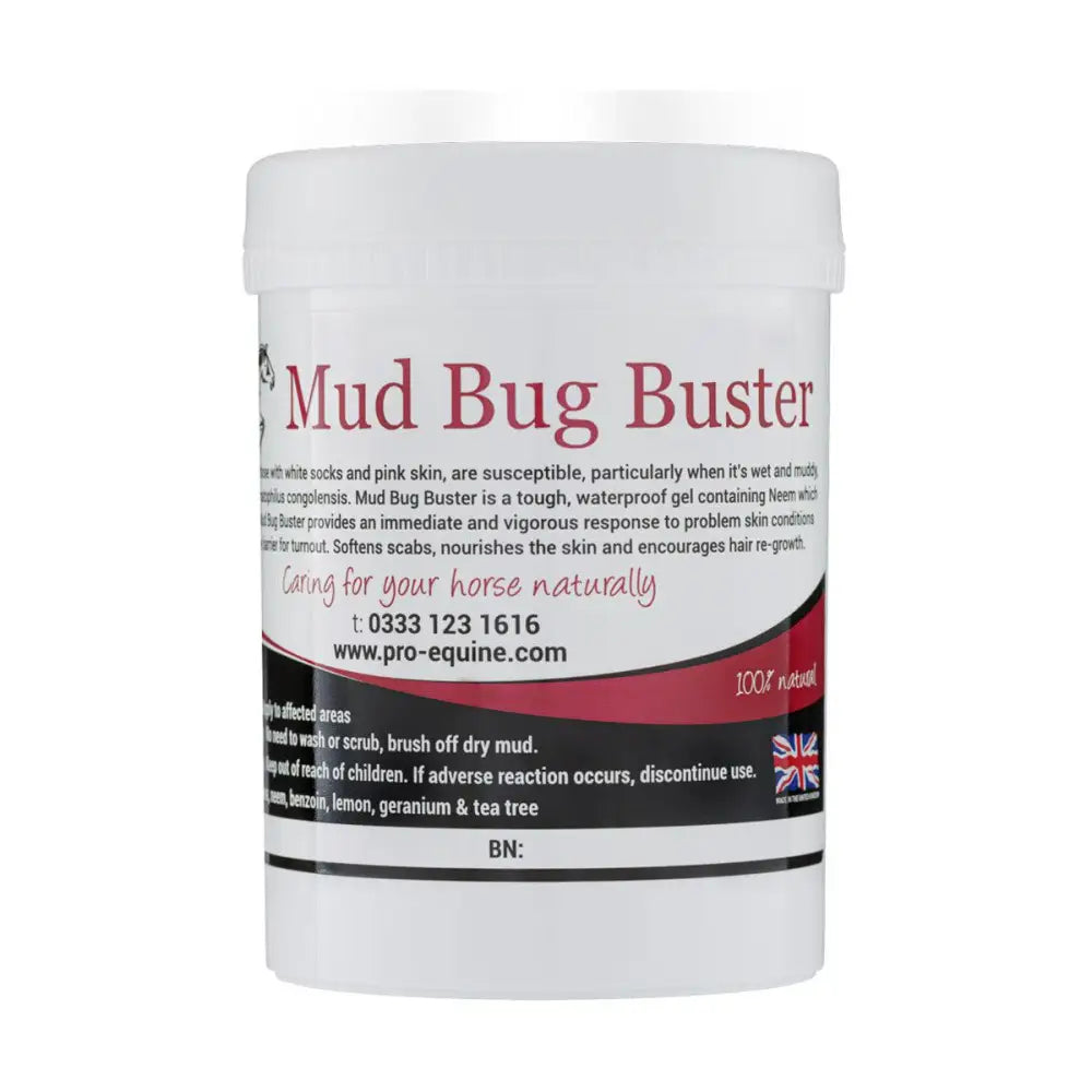 White cylindrical container of pro-equine mud bug buster waterproof paste protects horse skin with neem and natural ingredients
