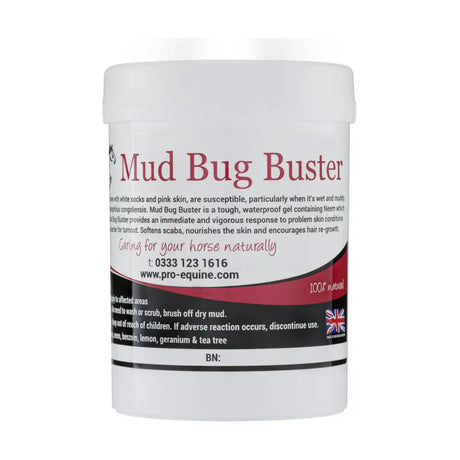White cylindrical container of pro-equine mud bug buster waterproof paste protects horse skin with neem and natural ingredients