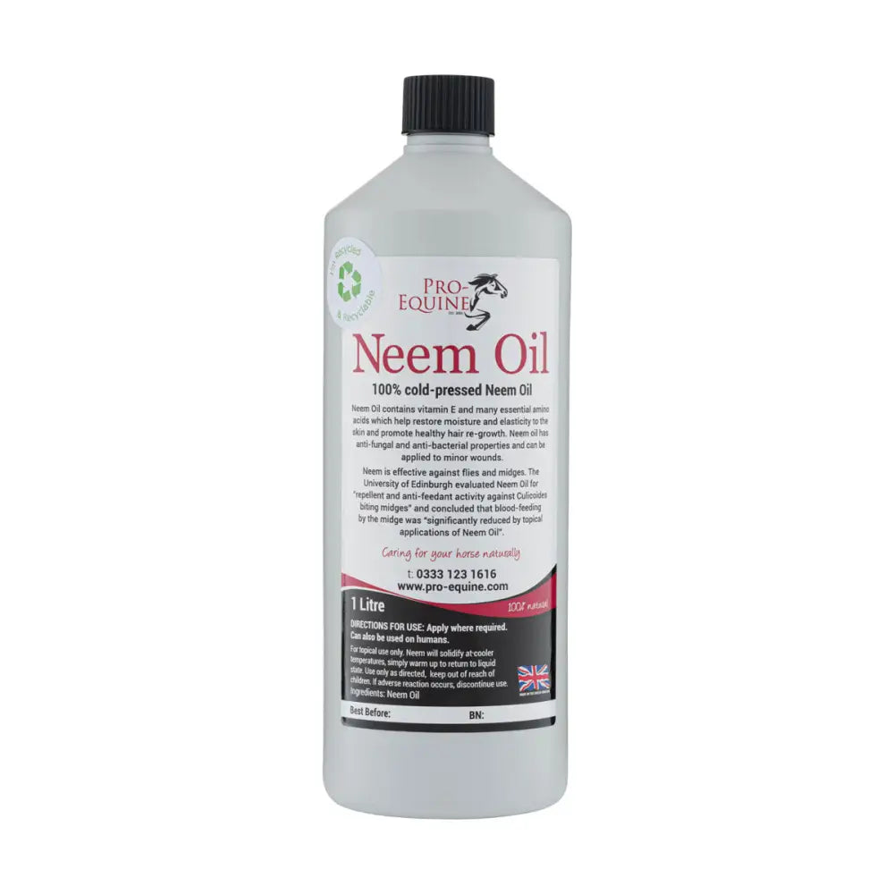 A clear plastic bottle with black cap labeled pro-equine neem oil contains 1 liter for rapid hair re-growth nature’s marvels