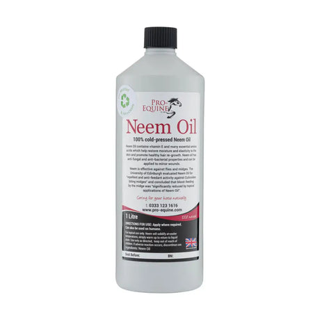 A clear plastic bottle with black cap labeled pro-equine neem oil contains 1 liter for rapid hair re-growth nature’s marvels