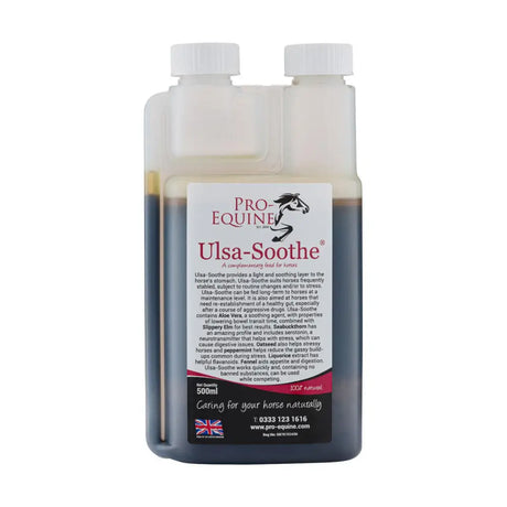 A 500ml clear plastic bottle of dark liquid pro-equine ulsa soothe horse supplement helps support gastric health