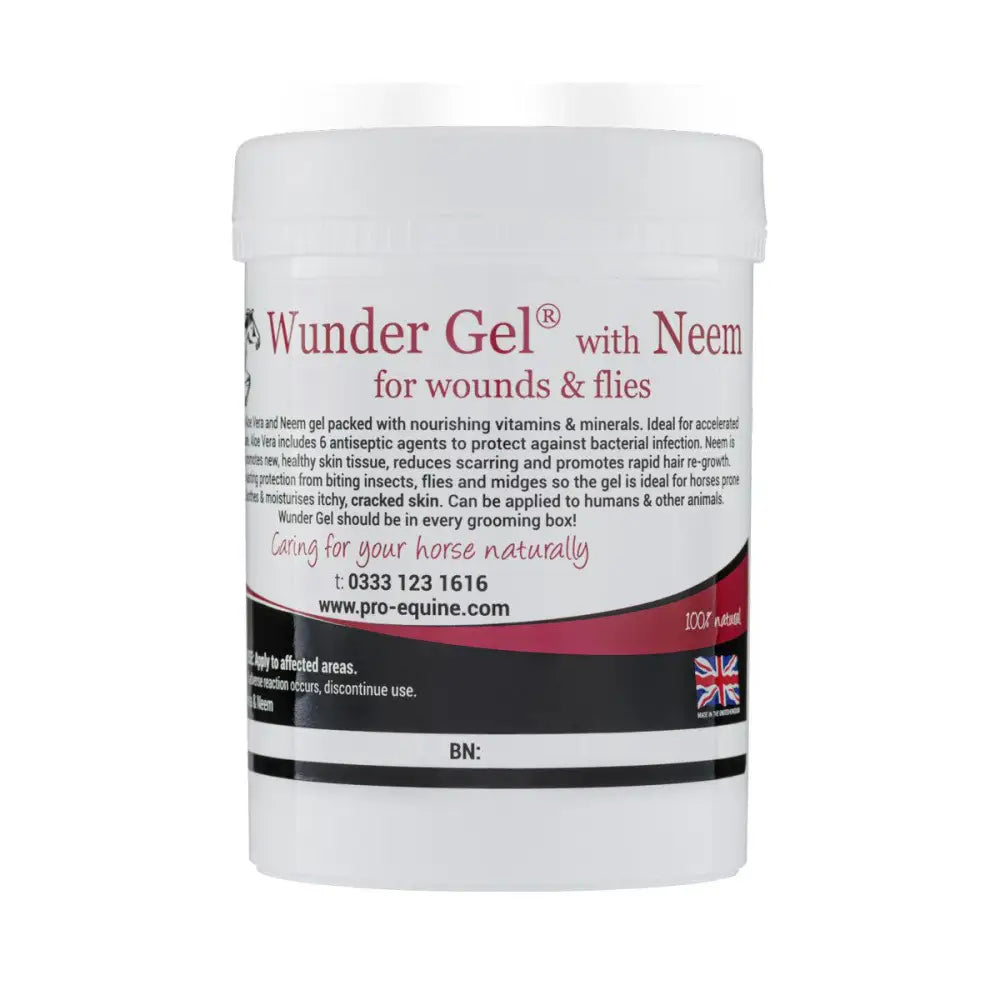 White plastic container of pro-equine wunder gel with neem for wounds and flies is an effective fly gel
