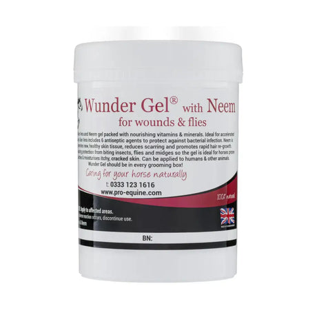White plastic container of pro-equine wunder gel with neem for wounds and flies is an effective fly gel