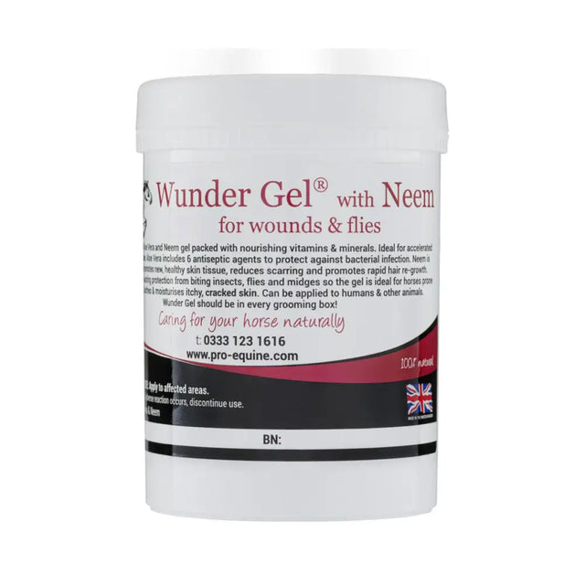 White plastic container of pro-equine wunder gel with neem for wounds and flies is an effective fly gel