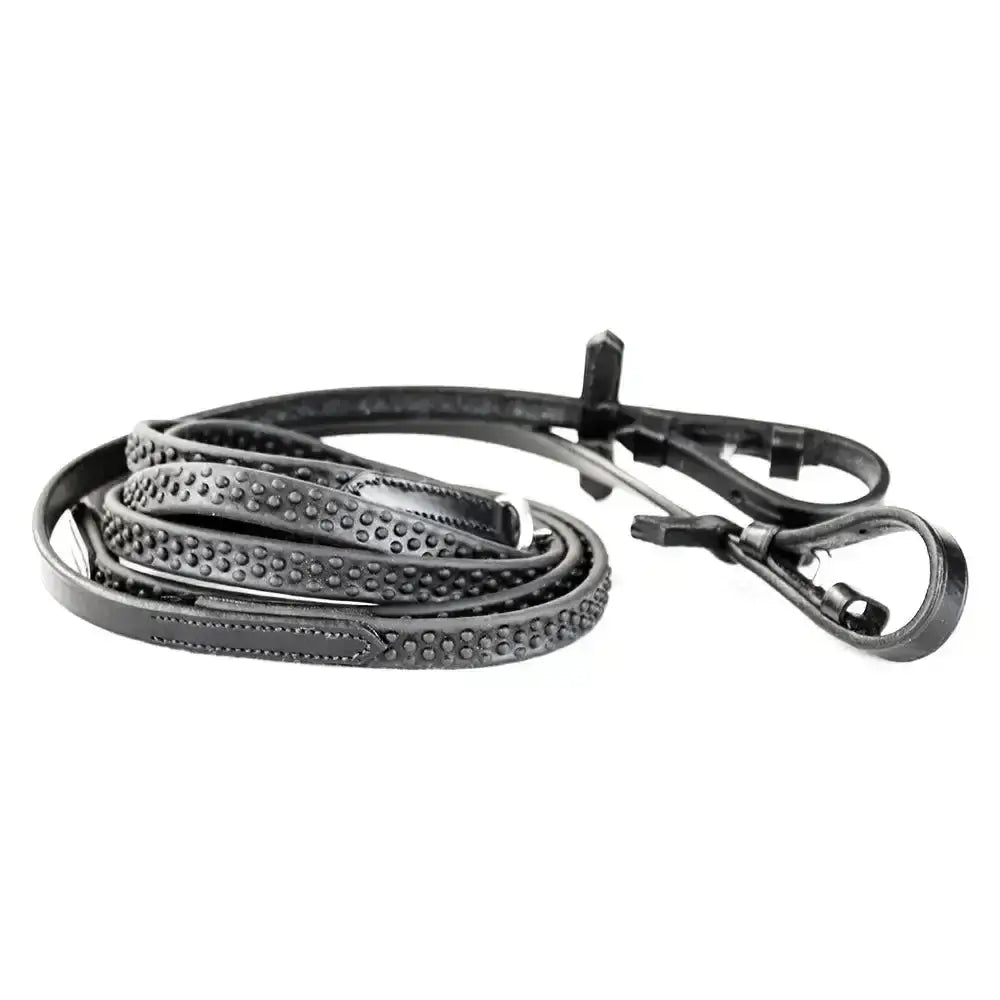 Black leather pro grip eventer reins with textured dotted pattern and metal hardware ideal for grip eventer reins 19mm leather reins
