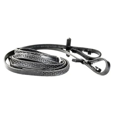 Black leather pro grip eventer reins with textured dotted pattern and metal hardware ideal for grip eventer reins 19mm leather reins