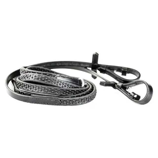 Black leather pro grip eventer reins with textured dotted pattern and metal hardware ideal for grip eventer reins 19mm leather reins