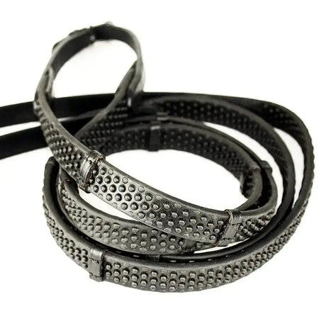 Black leather pro grip eventer reins with textured dotted grip and metal hardware for secure riding control