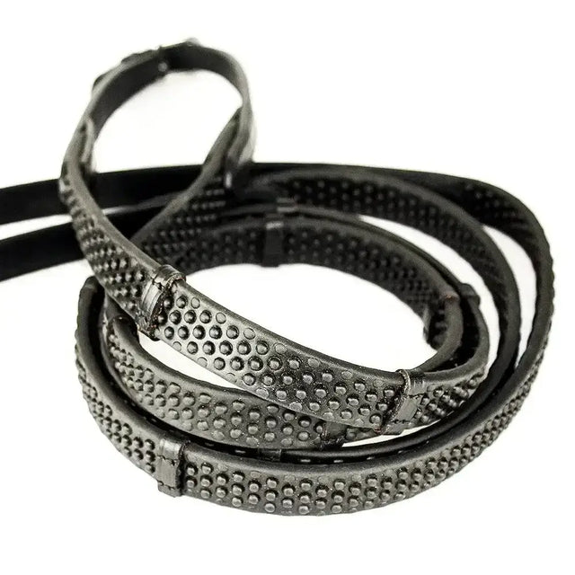 Black leather pro grip eventer reins with textured dotted grip and metal hardware for secure riding control