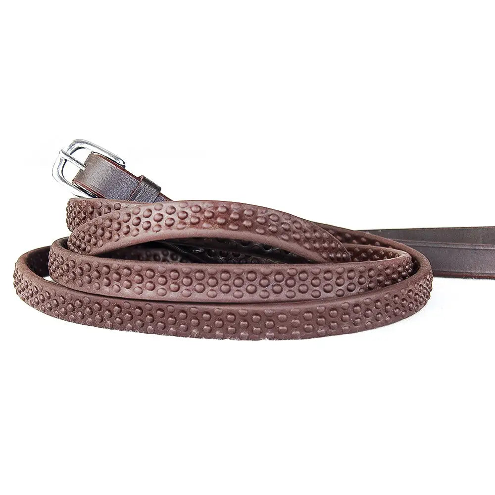 Brown leather pro grip eventer riding crop with silver buckle and textured surface for grip eventer reins havana