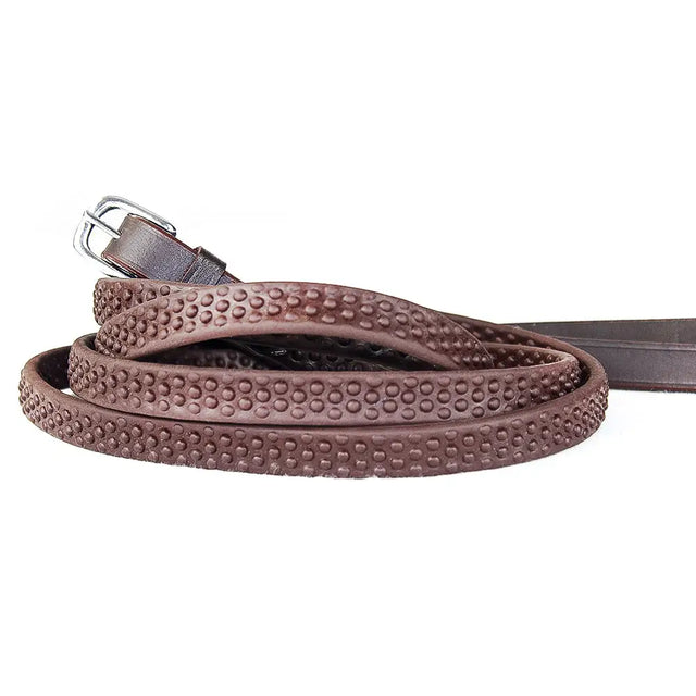 Brown leather pro grip eventer riding crop with silver buckle and textured surface for grip eventer reins havana