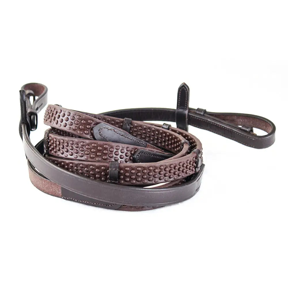 Brown leather pro grip eventer reins havana with stoppers featuring textured dotted pattern and black metal hardware