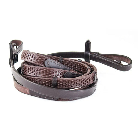 Brown leather pro grip eventer reins havana with stoppers featuring textured dotted pattern and black metal hardware