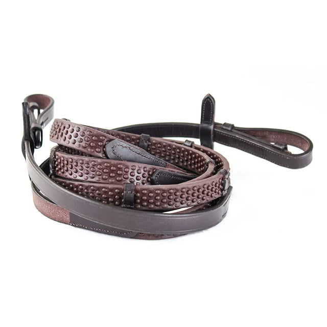 Brown leather pro grip eventer reins havana with stoppers featuring textured dotted pattern and black metal hardware