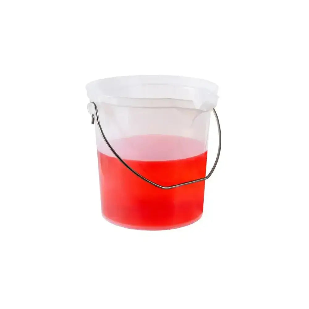 Clear plastic pro-measures pro-bucket with white lid, black handle, filled with red liquid for everyday commercial durability