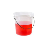 Clear plastic pro-measures pro-bucket with white lid, black handle, filled with red liquid for everyday commercial durability