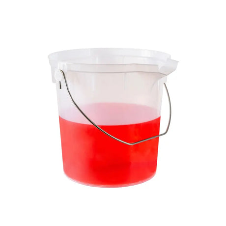 Clear plastic pro-measures pro-bucket with white lid and metal handle filled halfway with red liquid for commercial durability