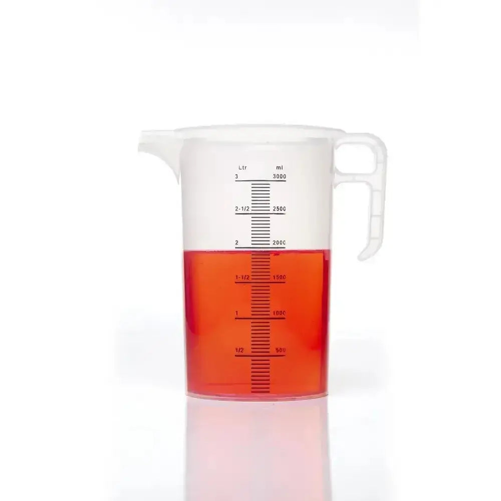 Transparent plastic pro-measures pro-jug with white handle and spout marked in liters for everyday commercial durability