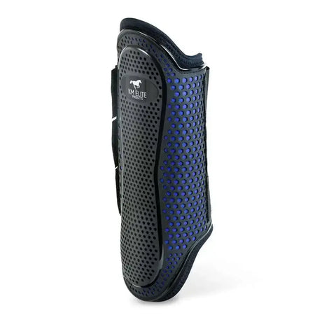 Black and electric blue pro mesh hybrid brushing boot with contoured perforated design for horse hoof protection