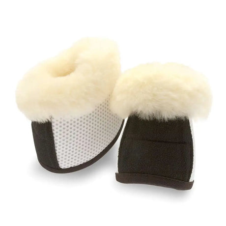 Cream-colored sheepskin-lined pro mesh over-reach baby booties with white mesh and dark brown suede basf tpu outer