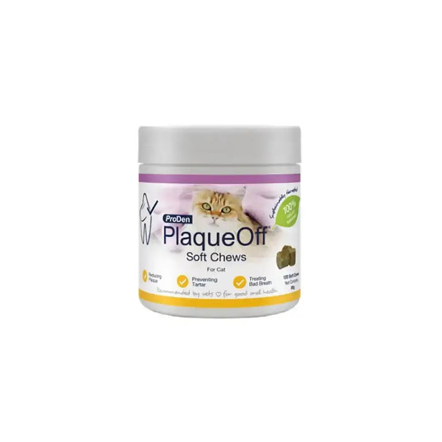 White plastic jar with purple and yellow label of proden plaqueoff soft chews for cats dental care