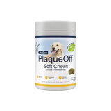 White cylindrical container of proden plaqueoff soft chews for large dogs with blue yellow label and golden retriever image