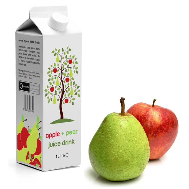 White carton of Projuice pear apple juice with colorful tree illustration perfect for a refreshing smoothie juice drink
