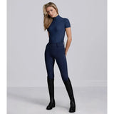 Navy blue prospero riding tights with short sleeves top and high waisted leggings featuring textured side panels