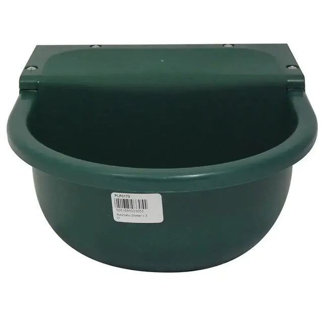 Dark green prostable automatic drinker made of polypropylene with hinged lid float valve and mounting brackets