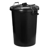 Black plastic prostable dustbins feed storage bin with secure locking lid and metal clamps for durability and easy handling
