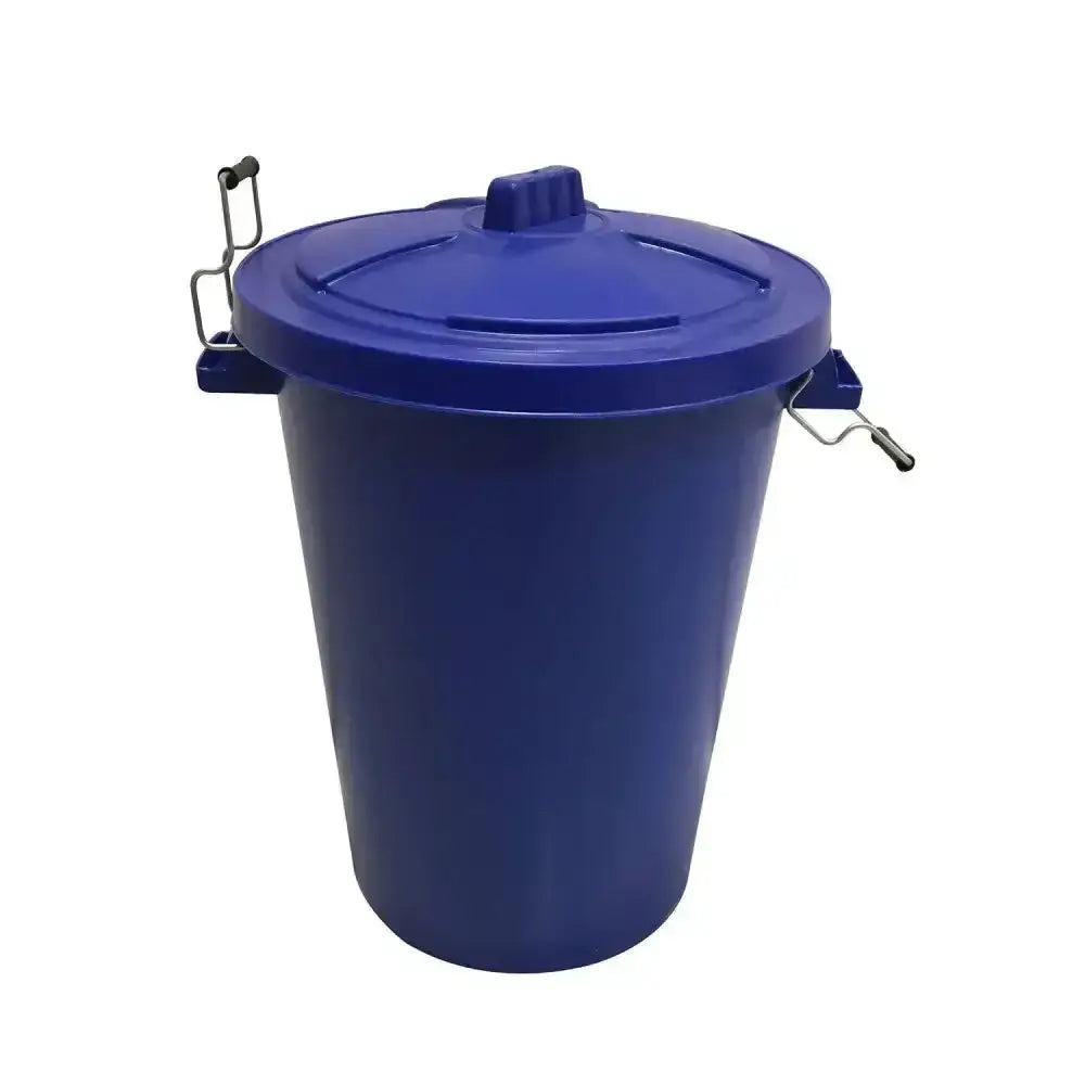 Blue plastic prostable dustbins feed with secure locking lid and metal wire handles for dustbins feed storage