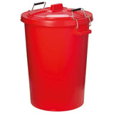 Red plastic prostable dustbins feed storage bin with secure locking lid black handles and metal latches