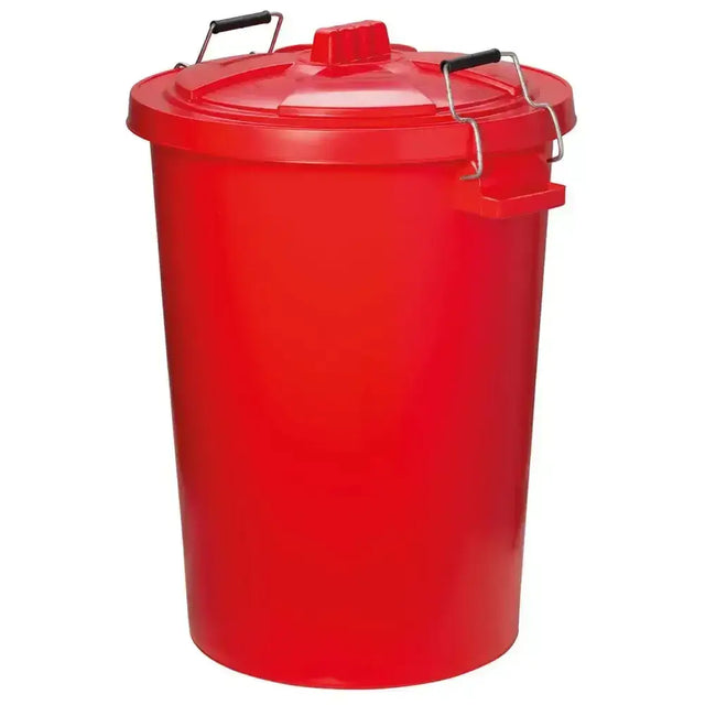 Red plastic prostable dustbins feed storage bin with secure locking lid black handles and metal latches