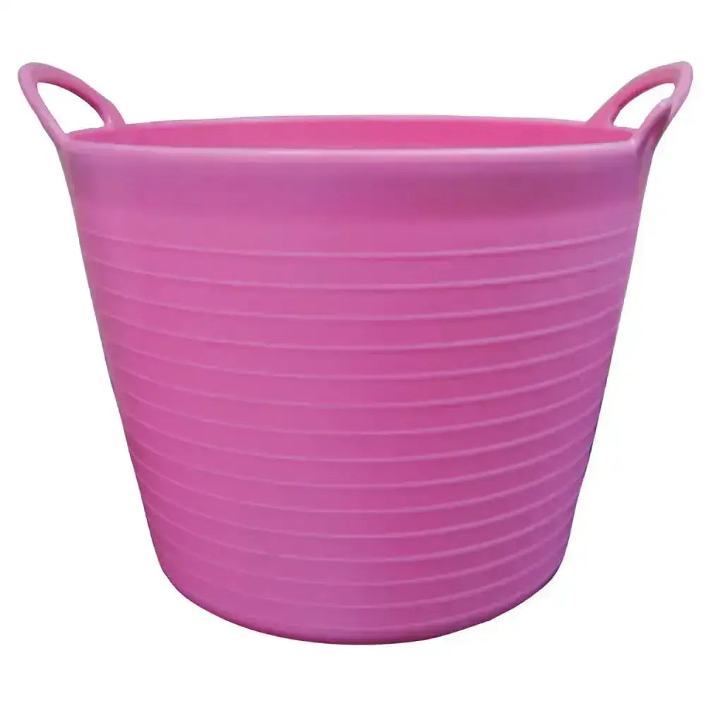Pink rubber prostable flexi feed bucket with handles and ribbed texture versatile feed skip 40 lt capacity