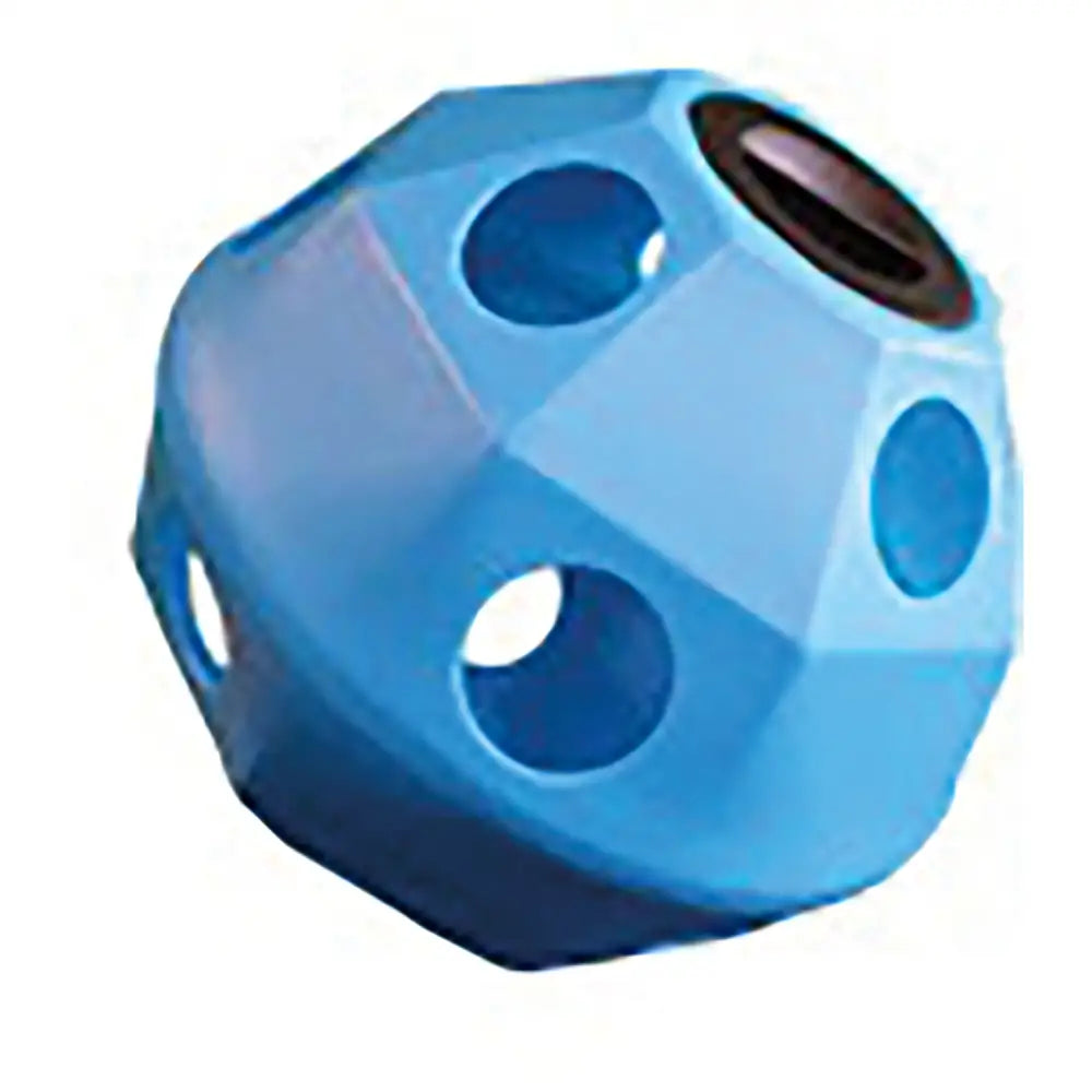 Blue prostable hayball large with multi-sided hay feeder design featuring large circular holes and dark brown center opening