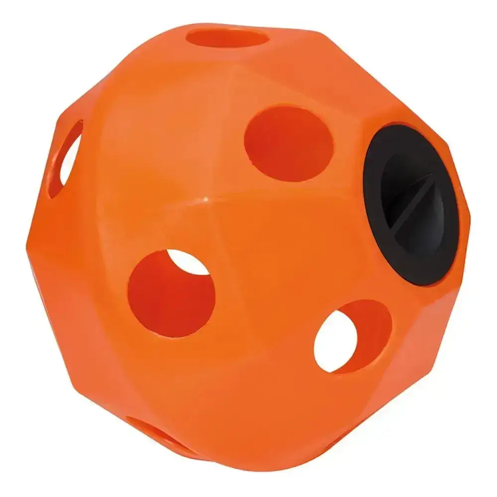 Bright orange prostable hayball large with multi-sided holes and a black insert for easy hay feeding fun