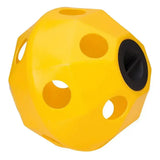 Bright yellow prostable hayball large toy with multiple circular holes and a black center for easy hay feeding