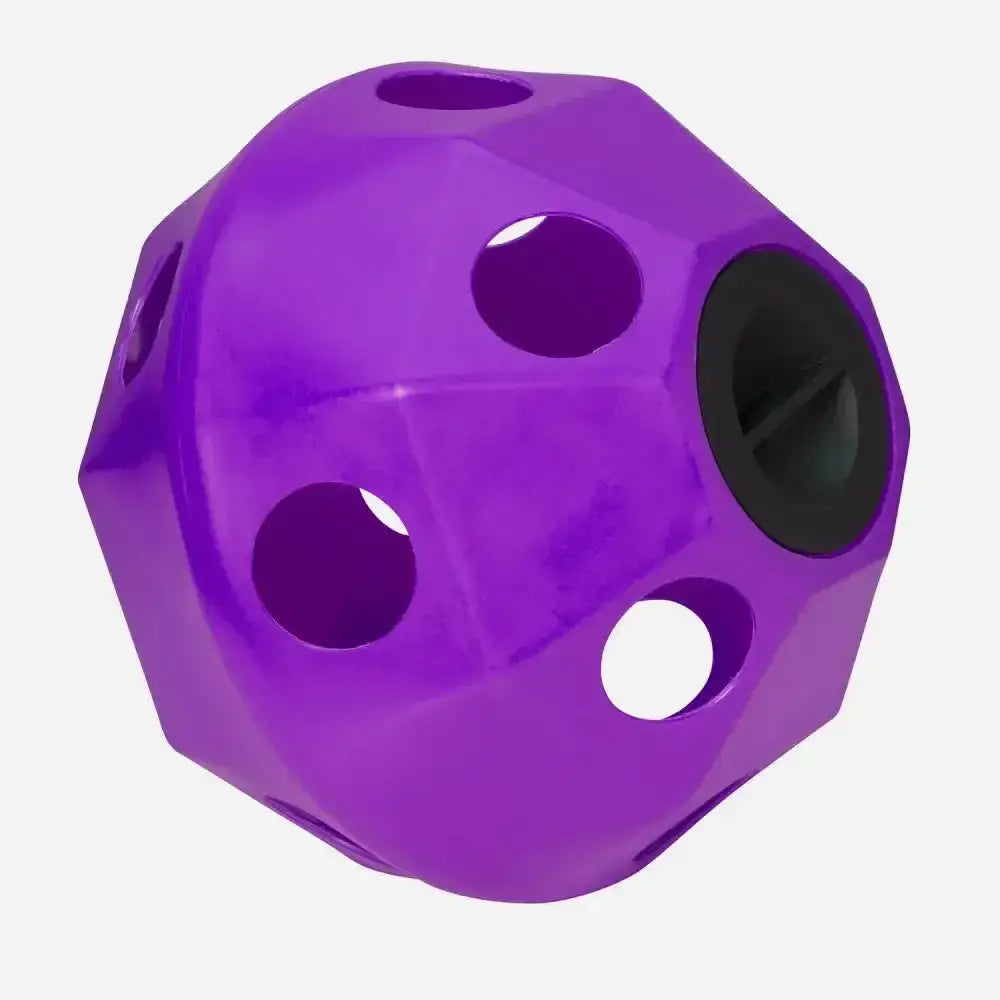 Purple glossy plastic prostable hayball large with multiple holes and black rubber insert for feeding hay