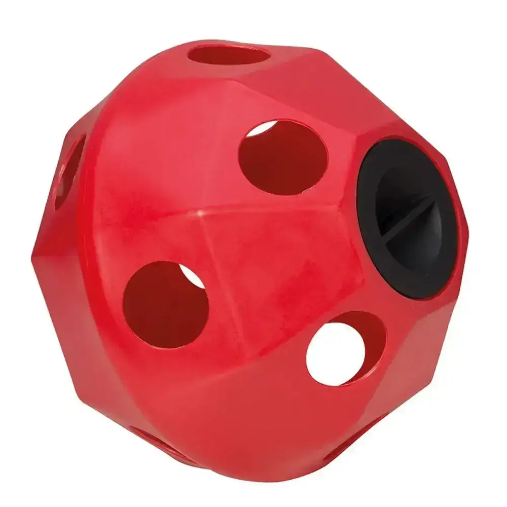 Red prostable hayball large with multiple circular holes and black rubber insert for interactive chewing fun
