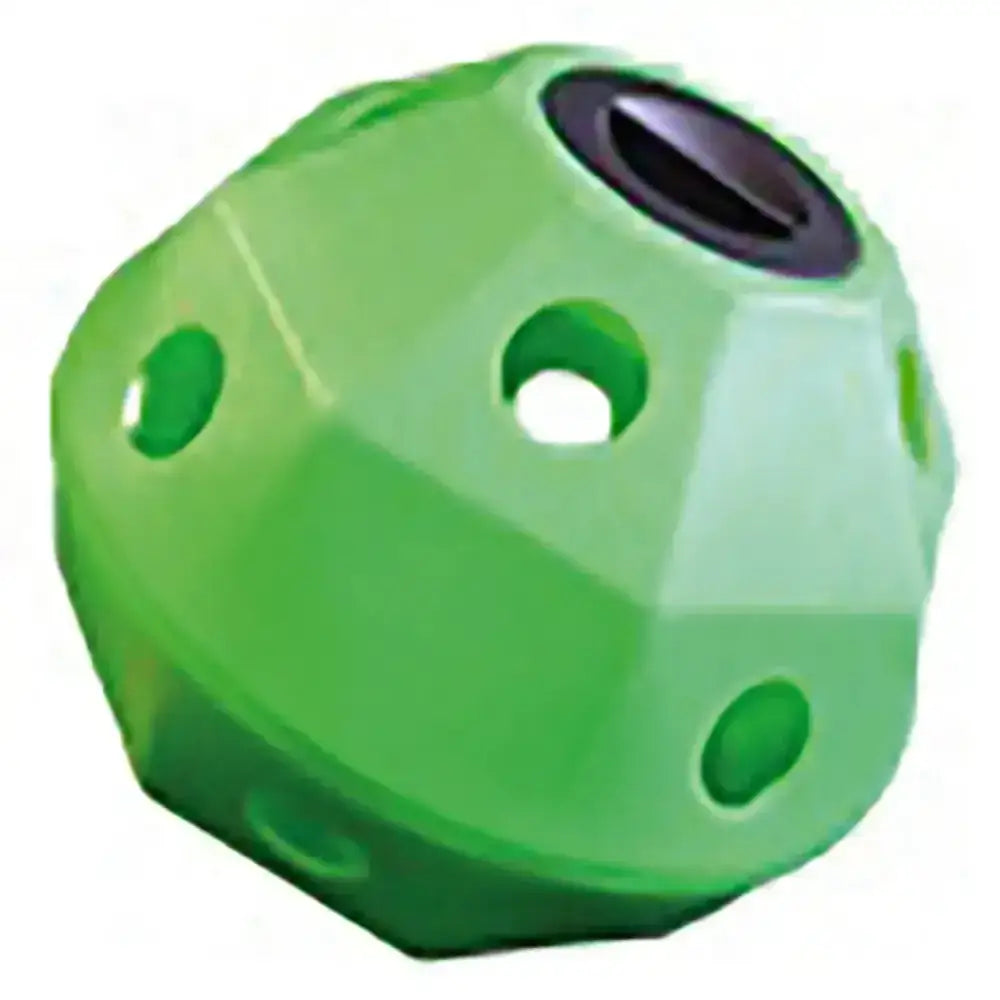 Bright green faceted plastic prostable hayball small with multi sided hay feeder design and 5cm diameter holes