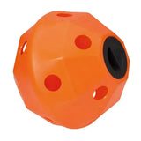 Bright orange prostable hayball small with polyhedral shape and 5cm diameter holes for multi-sided hay feeder use