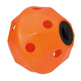 Bright orange prostable hayball small with polyhedral shape and 5cm diameter holes for multi-sided hay feeder use