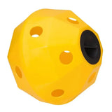 Bright yellow prostable hayball small dog toy with cheese shaped holes and a black central opening for easy hay feeding