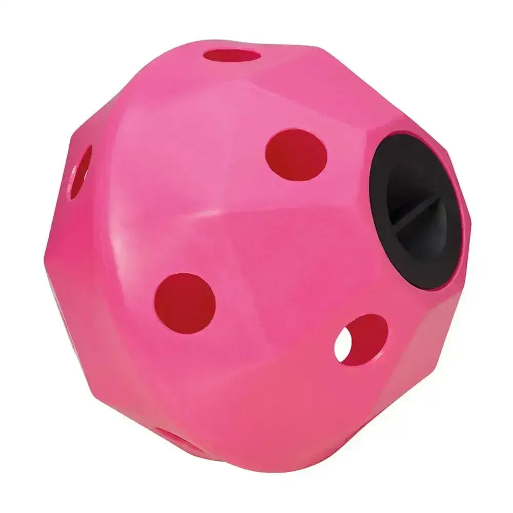 Pink glossy prostable hayball small with multiple 5cm diameter holes and larger black opening for hay feeding