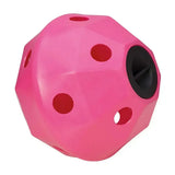 Pink glossy prostable hayball small with multiple 5cm diameter holes and larger black opening for hay feeding