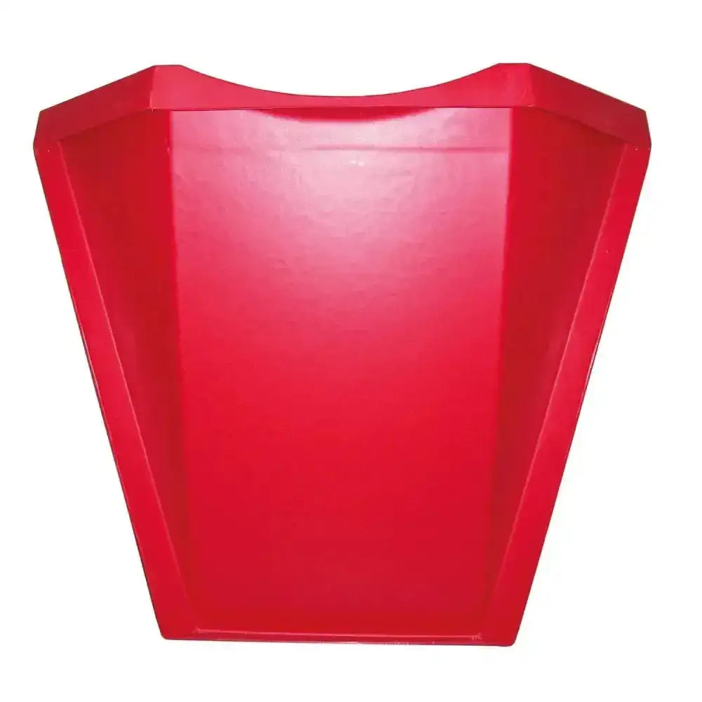 Red plastic trash can with geometric design used as prostable hayfeeder hay bar for easy hay feeding