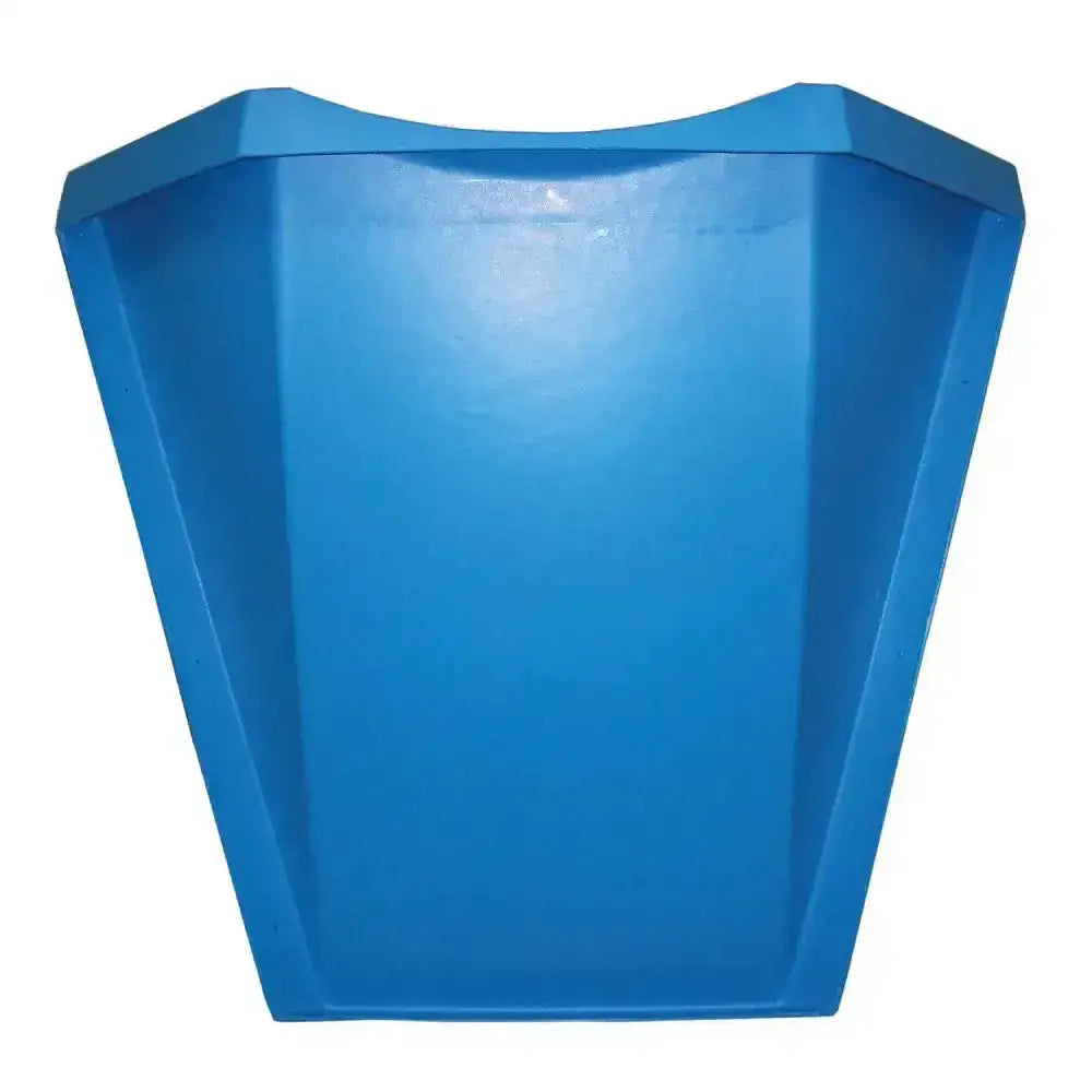 Solid blue plastic trash can with geometric design for prostable hayfeeder hay bar use in hayfeeding setups