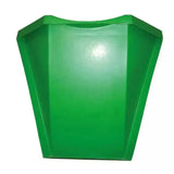 Solid green glossy plastic trash can with angular design in prostable hayfeeder hay bar for easy hay feeding
