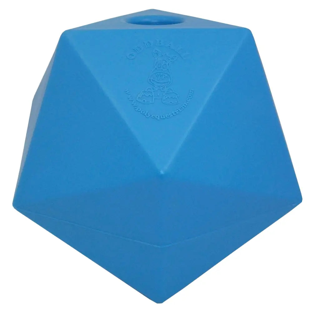 Blue silicone prostable oddball large dog toy shaped like pyramid with 5cm diameter hole for multi sided treat feeder